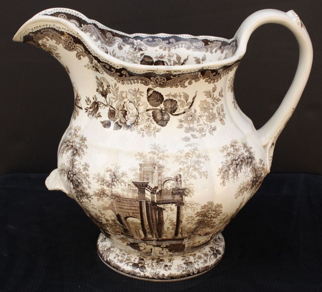 English Brown and White Transfer-Ware Ironstone Pitcher by Mason's