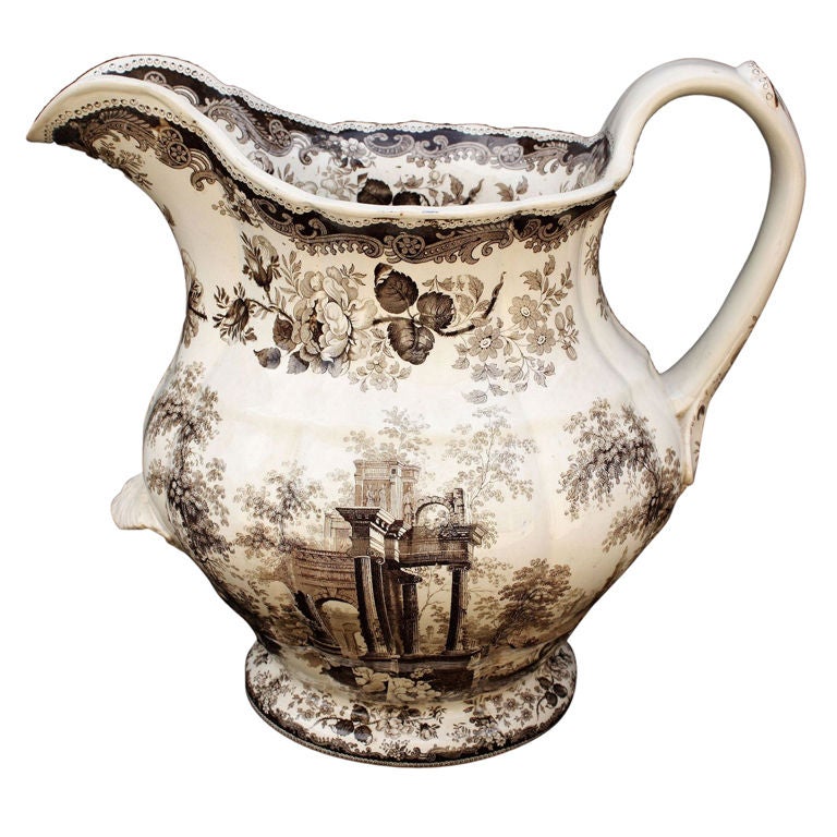 Brown and White Transfer-Ware Ironstone Pitcher by Mason
s