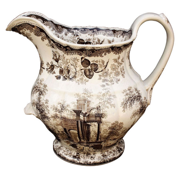 Brown and White Transfer-Ware Ironstone Pitcher by Mason's