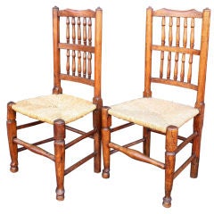 Antique English Harlequin Spindle-Back Chairs with Rush Seats