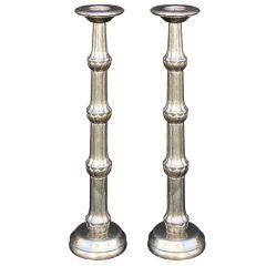 Antique Pair of Silver-Clad Wooden Candleholders