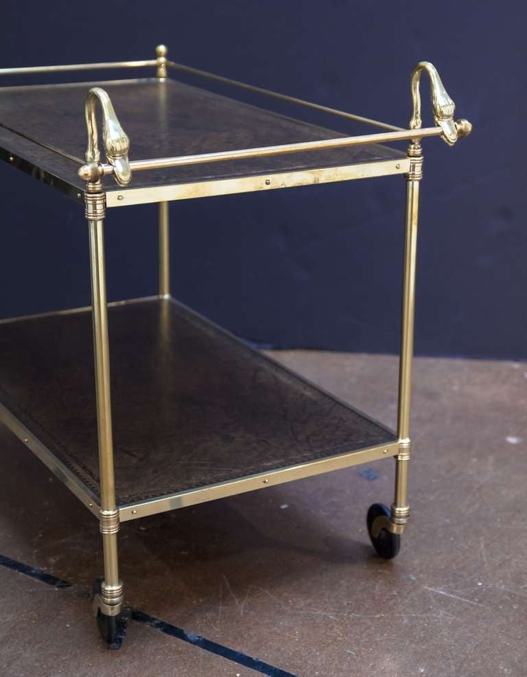 Swan's Neck Drinks Cart or Trolley of Brass and Leather 5