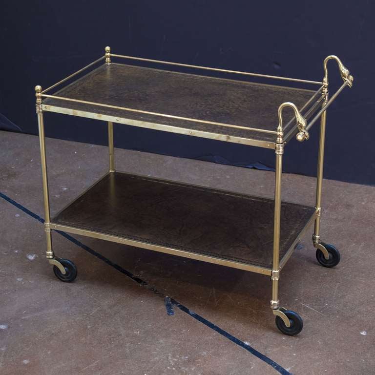 Swan's Neck Drinks Cart or Trolley of Brass and Leather 2
