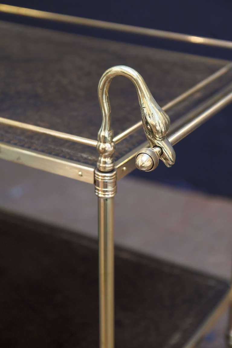 Swan's Neck Drinks Cart or Trolley of Brass and Leather 3