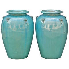 Vintage Pair of Large Blue-Glazed Jars (Priced Individually)