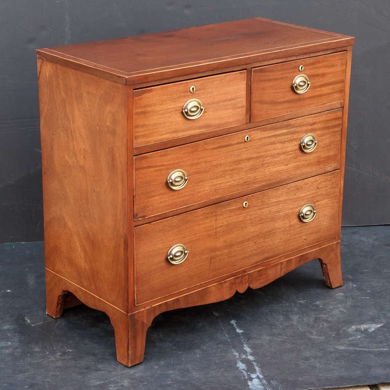 An English chest of drawers of mahogany featuring a molded top with boxwood stringing, with two short drawers over two long drawers, each drawer with brass hardware and brass escutcheon, on serpentine base with splay feet.