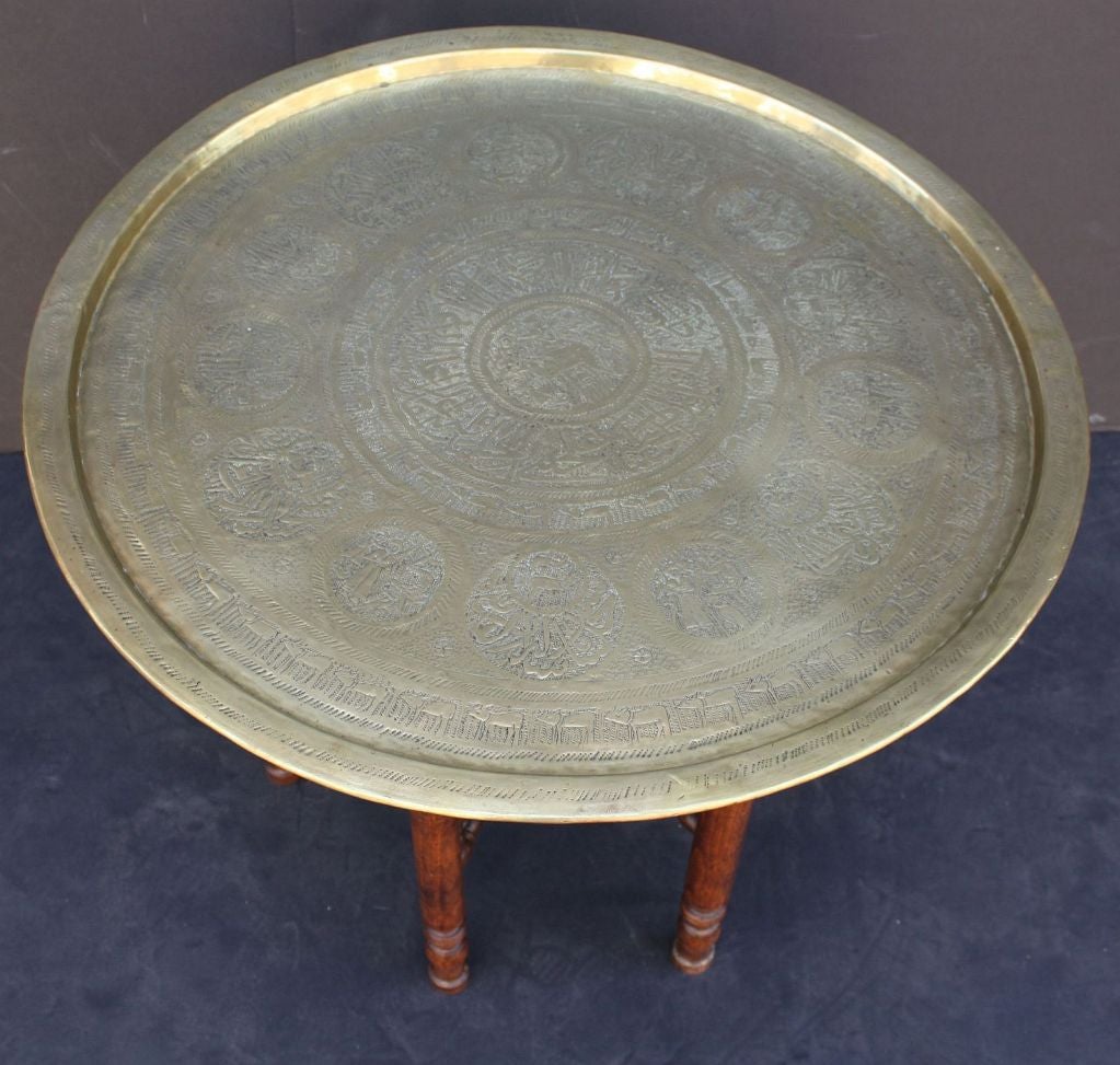 Occasional Table with Brass Tray Top and Turned Wood Base