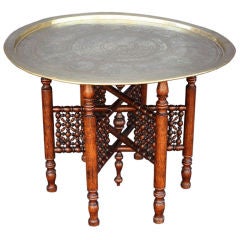 Occasional Table with Brass Tray Top and Turned Wood Base