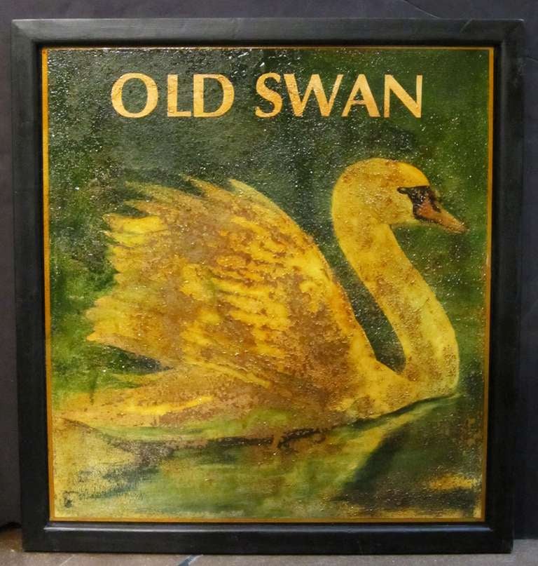 An authentic English pub sign (one-sided) featuring a painting of a swan, entitled: Old Swan.

A very Fine example of vintage advertising artwork, ready for display.