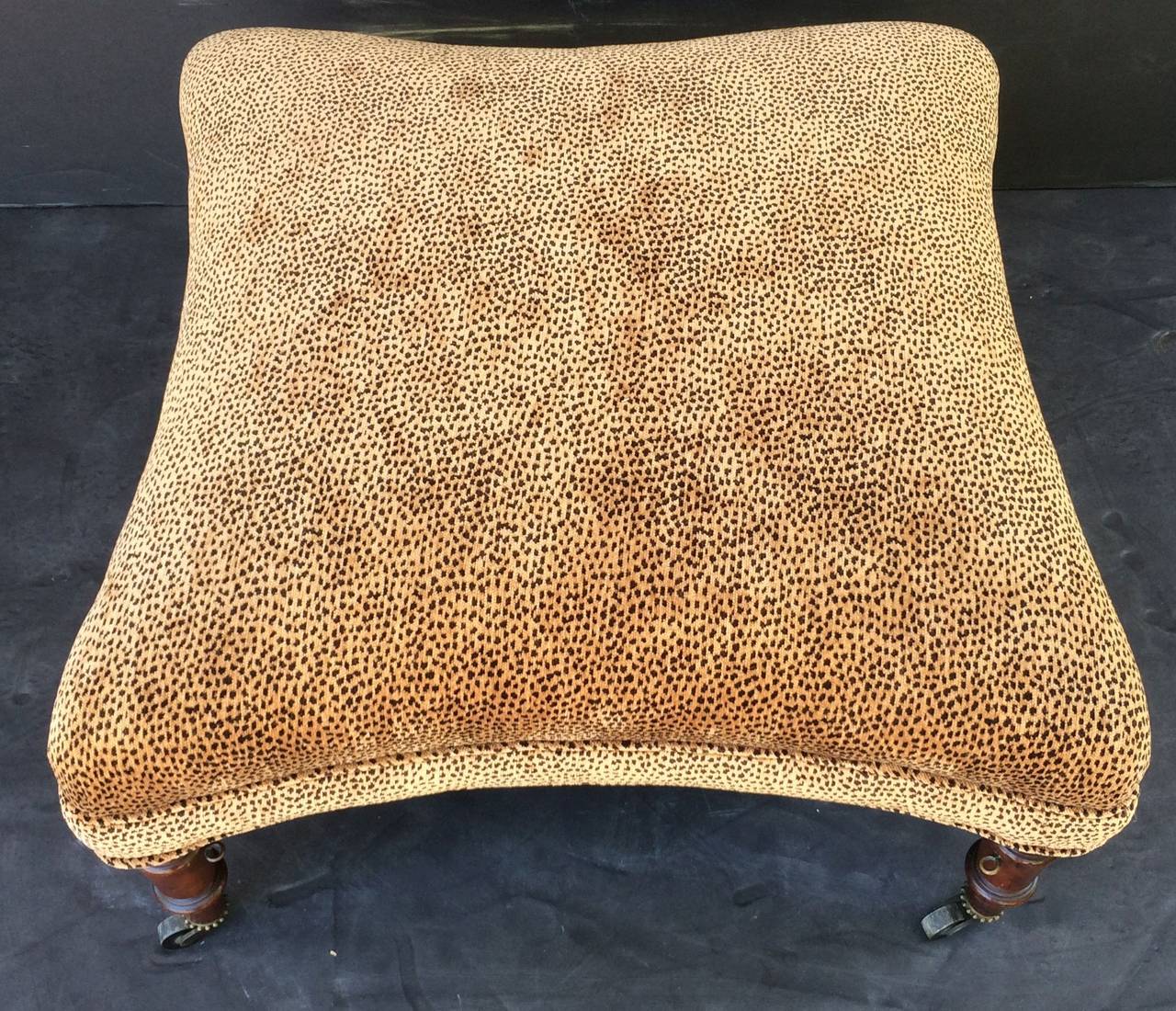 Brass English Upholstered Ottoman on Mahogany Legs