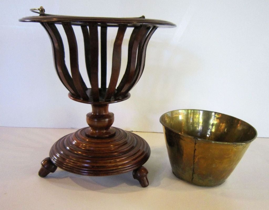 Brass Dutch Tea Bucket or Warmer or Wine Holder of Turned Mahogany