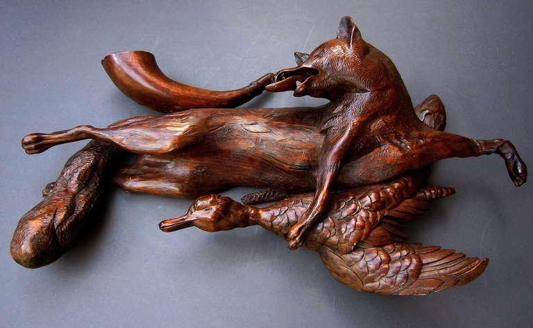 Carved Huntsman's Wall Sculpture of Fox and Duck In Excellent Condition In Austin, TX