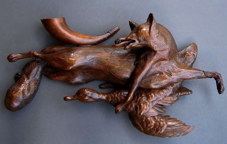 Carved Huntsman's Wall Sculpture of Fox and Duck