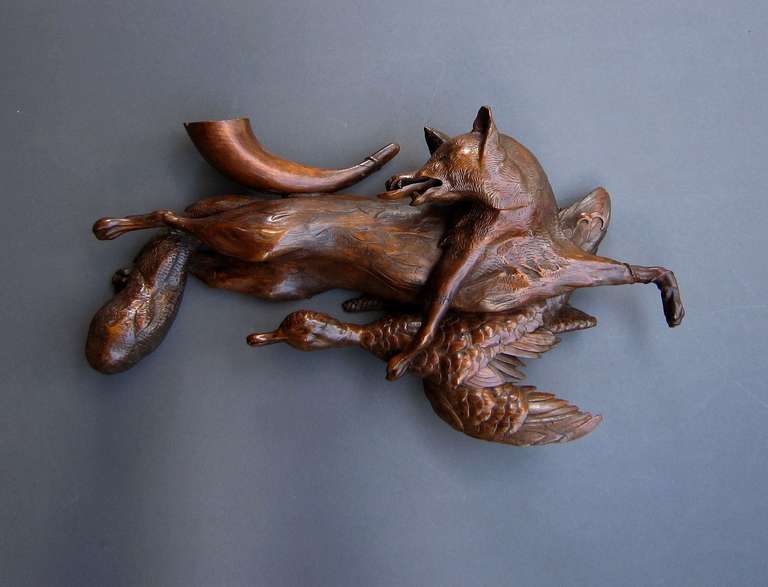 English Carved Huntsman's Wall Sculpture of Fox and Duck
