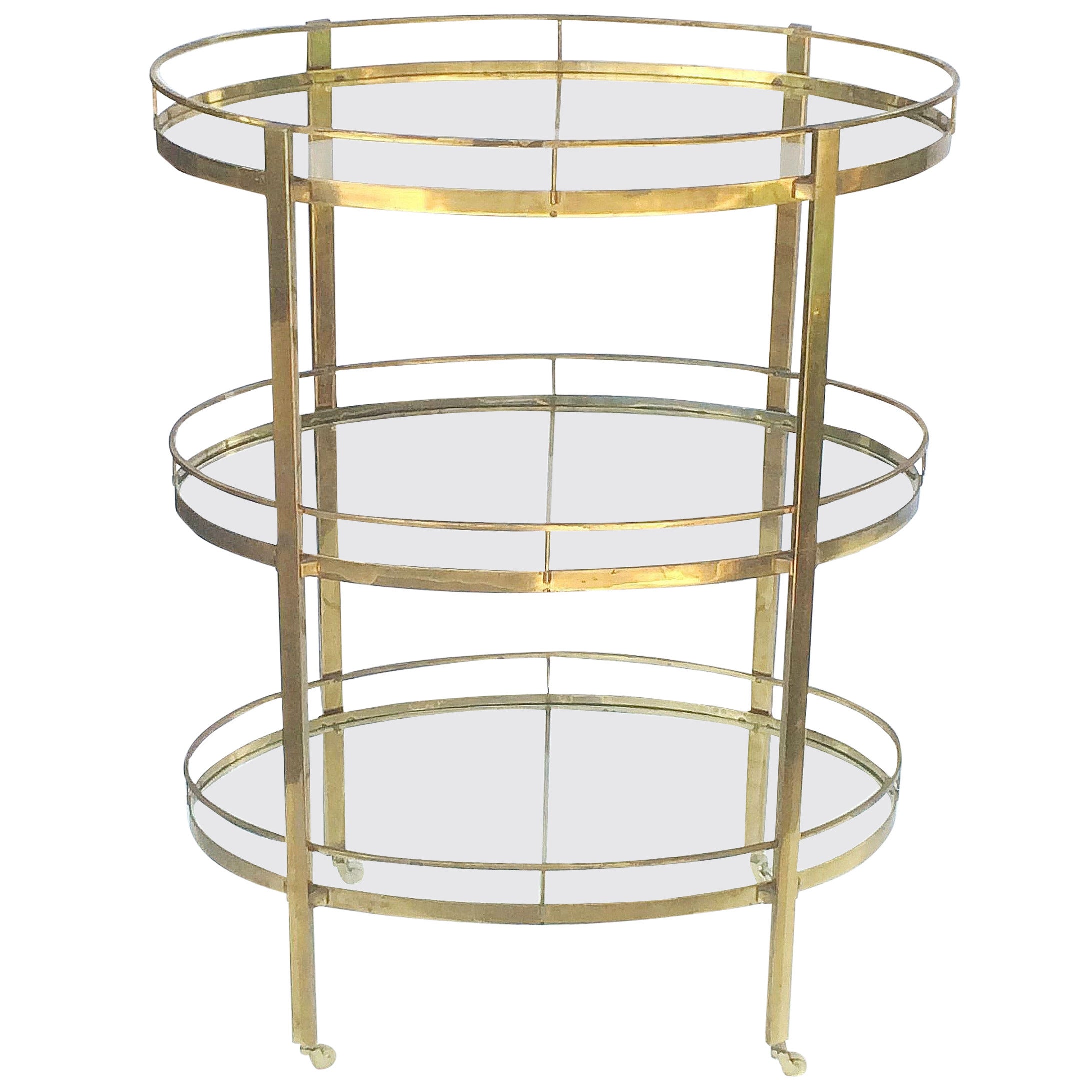 French Three-Tier Drinks Cart of Brass and Glass