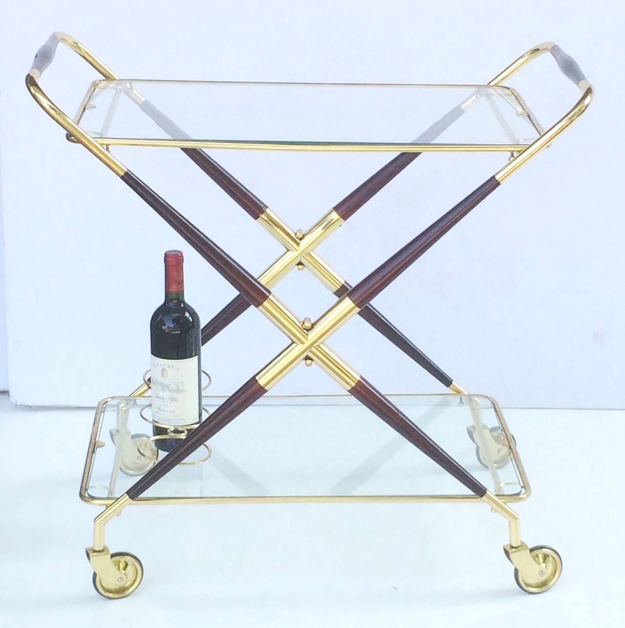 French Folding Drinks Cart of Brass and Wood