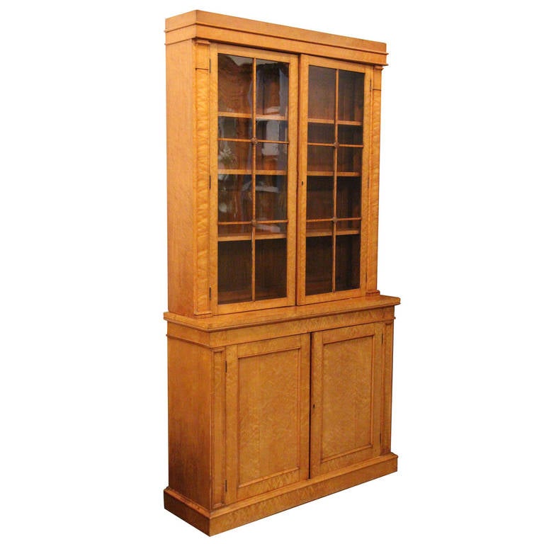 English Library Bookcase of Curly Maple in Biedermeier Style