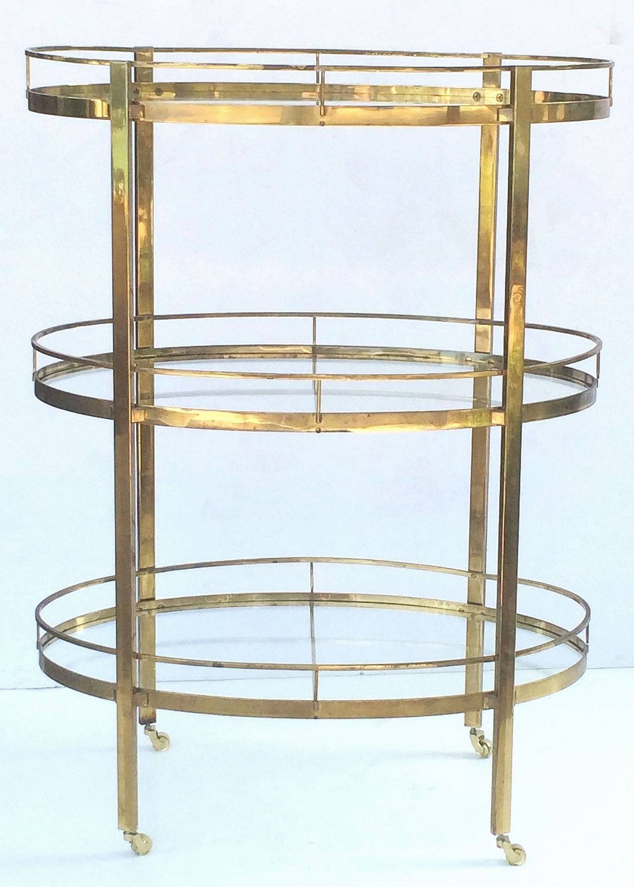French Three-Tier Drinks Cart of Brass and Glass In Excellent Condition In Austin, TX