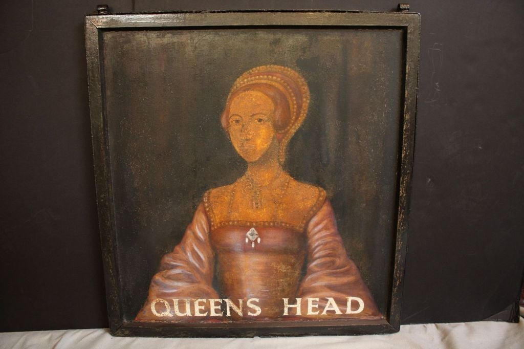 An authentic English pub sign (two-sided) featuring a portrait of Anne Boleyn, entitled: Queen's Head<br />
<br />
She was Queen of England from 1533 to 1536, as the second wife of King Henry VIII (Tudor) of England, and Marquess of Pembroke in