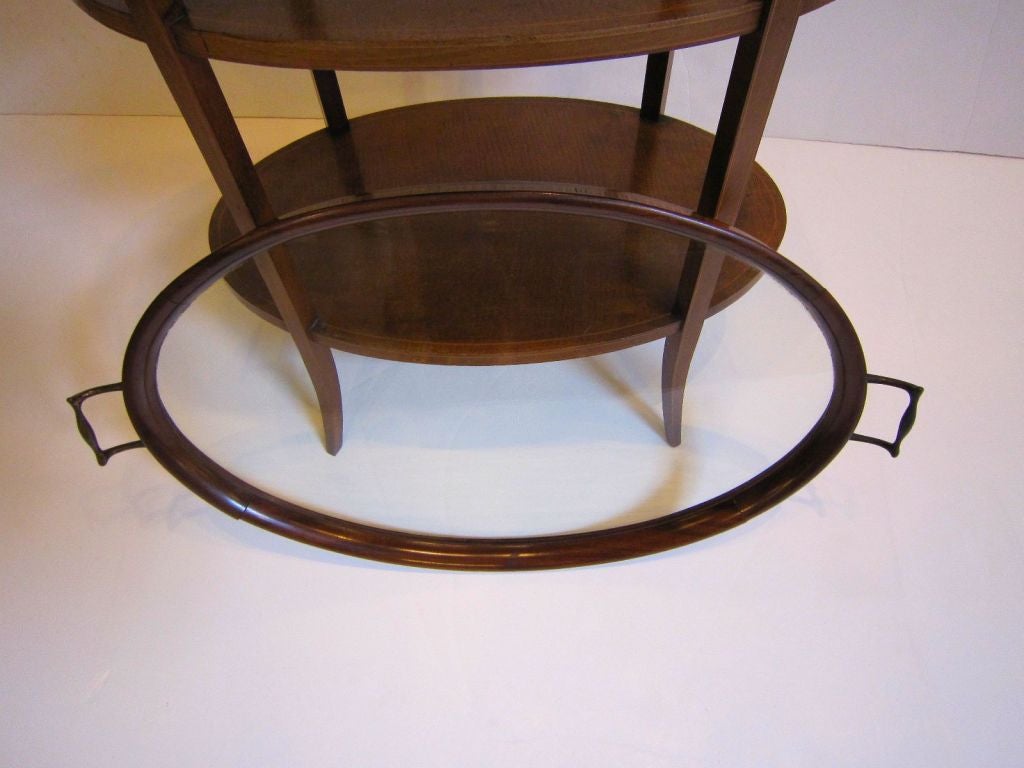 Brass Edwardian Tiered Table of Inlaid Mahogany with Removable Tray from England For Sale
