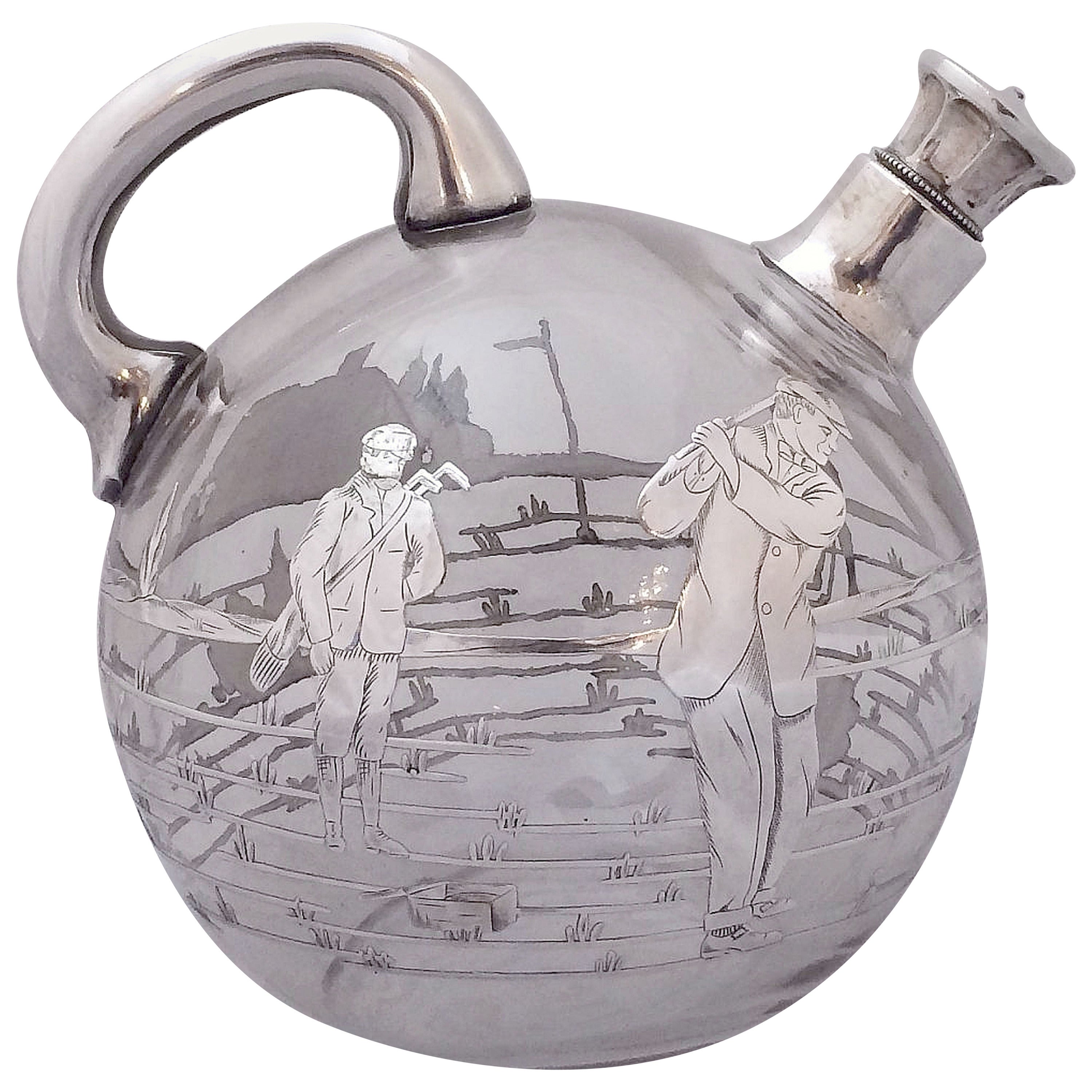 Silver Overlay Spirits Decanter with Golfers