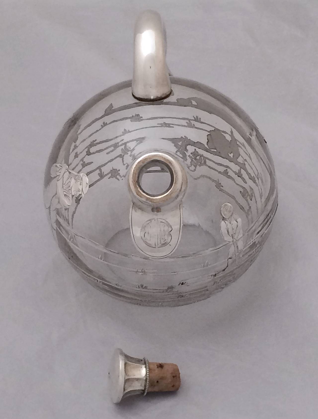 20th Century Silver Overlay Spirits Decanter with Golfers