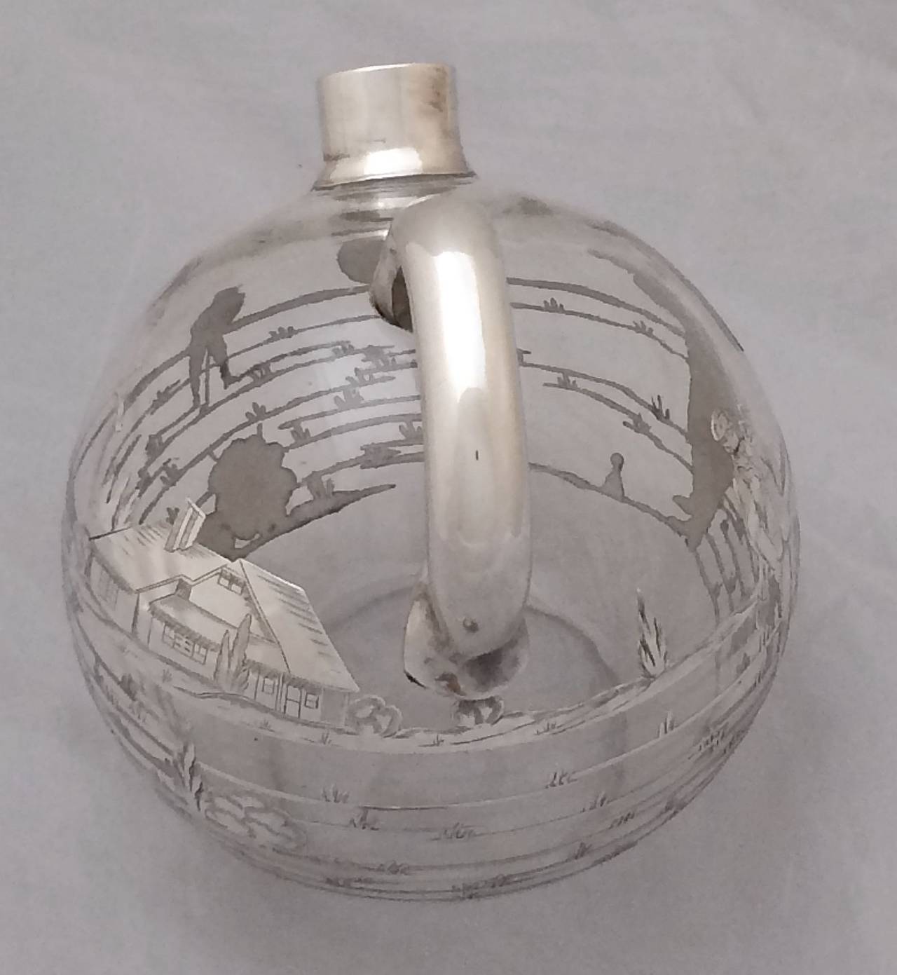 Silver Overlay Spirits Decanter with Golfers In Excellent Condition In Austin, TX