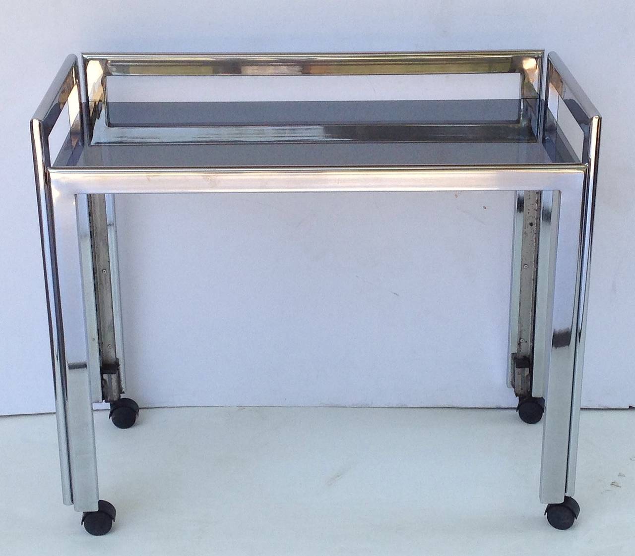 English Drinks Cart or Console of Chromed Steel and Smoked Glass