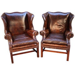 Antique Pair of English Leather Wingback Chairs (Sold Individually)