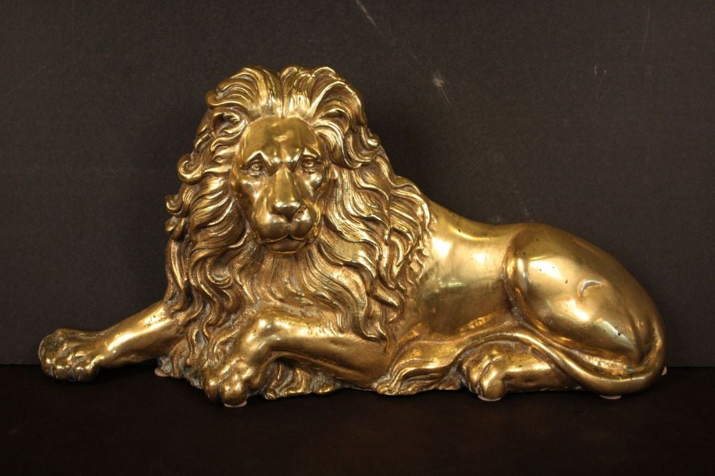 19th Century Large English Recumbent Lion of Brass