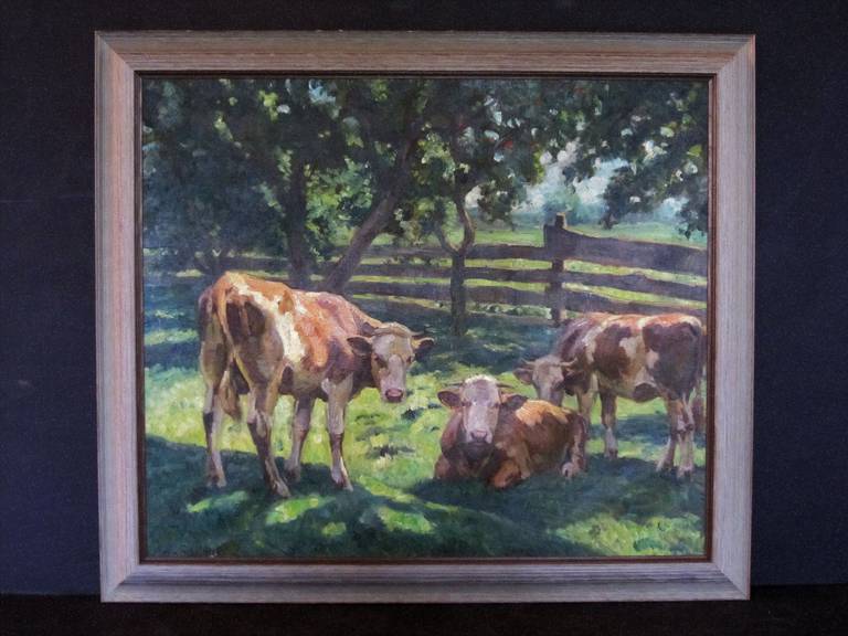 German Oil Painting of Cows by Max Von Schellerer In Excellent Condition In Austin, TX