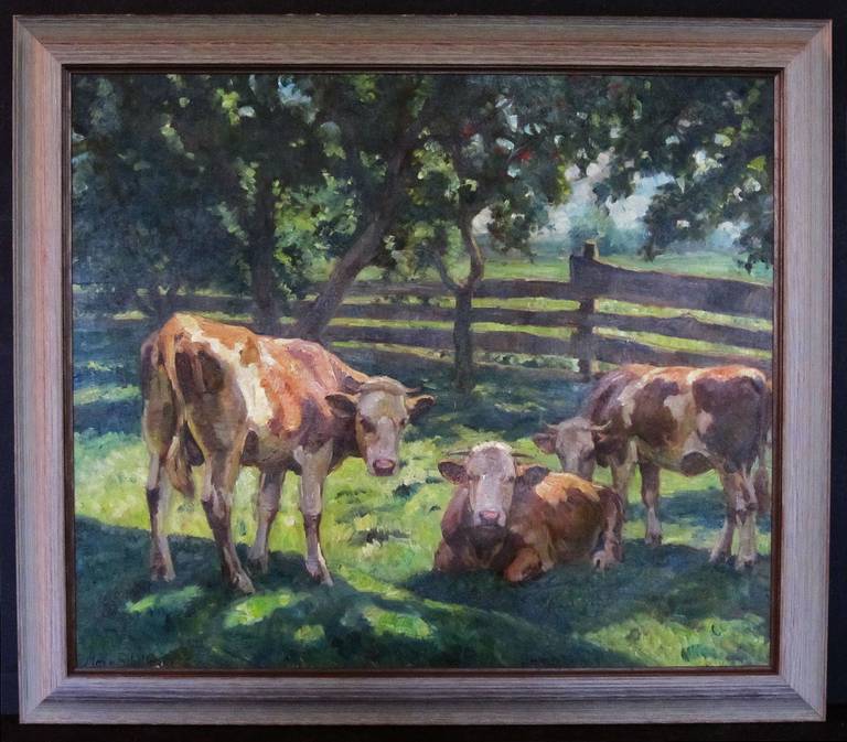 A handsome scenic oil painting of cows under a bough of trees featuring fine dappled light and color, by the German artist, Max von Schellerer (1892-1989).
In stylish wood frame.

Signed by the artist in the lower left corner: Max v. Schellerer