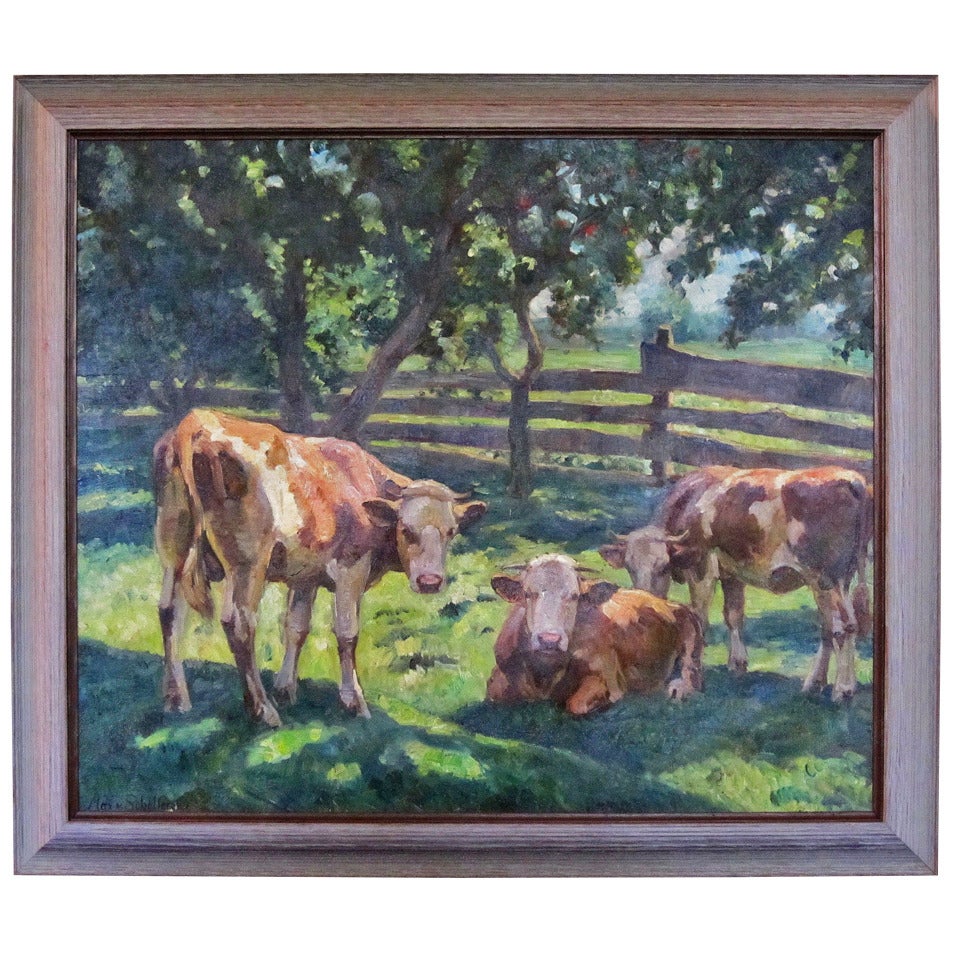 German Oil Painting of Cows by Max Von Schellerer