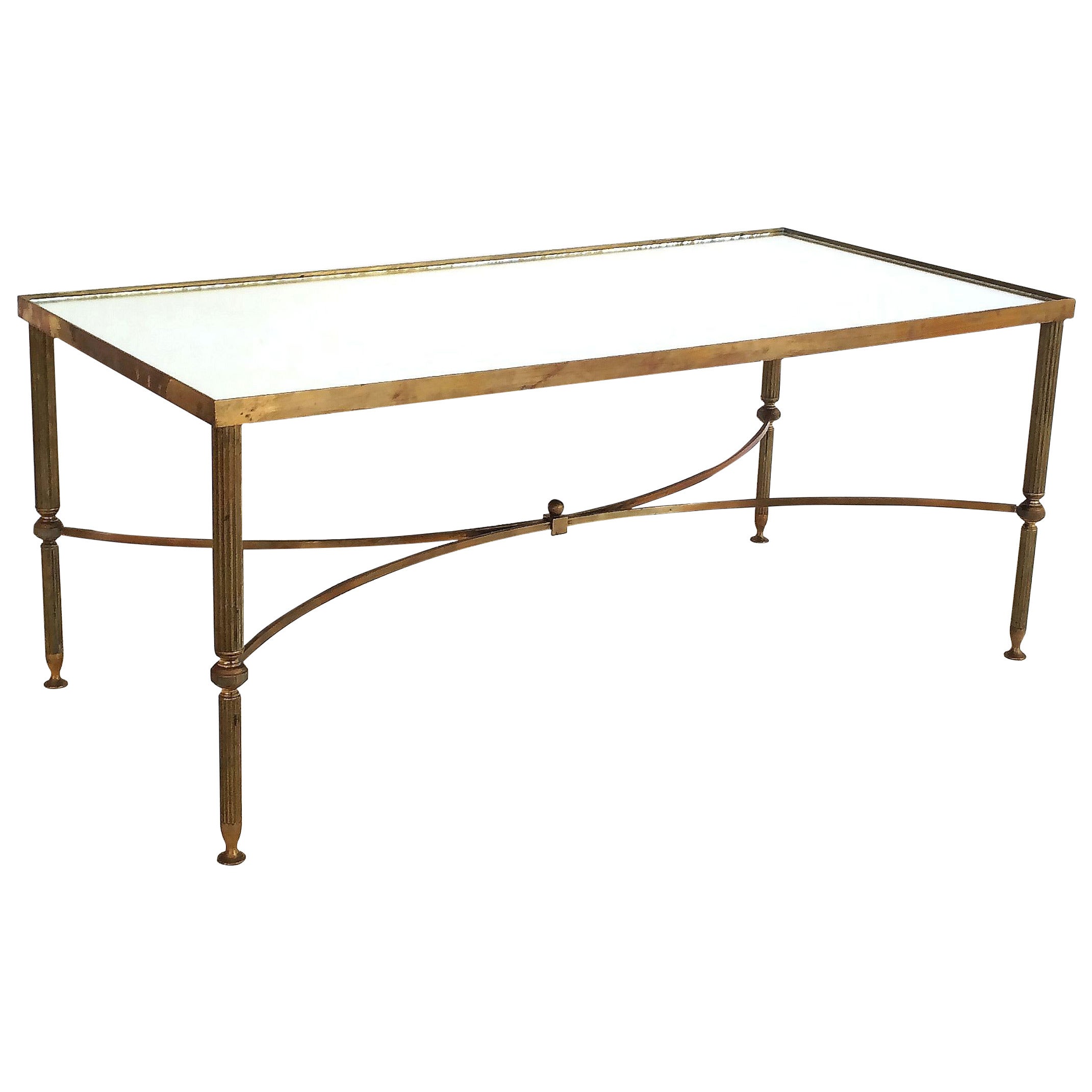 Large French Low Table of Brass and Mirrored Glass