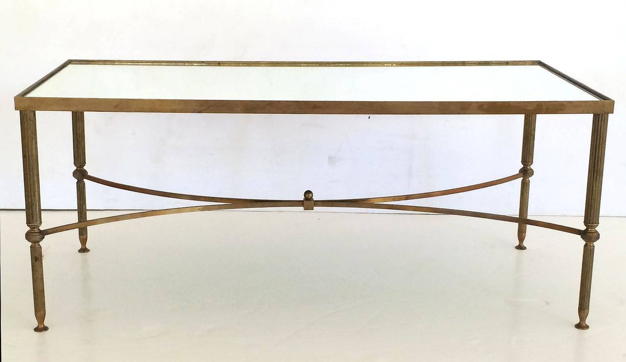 Large French Low Table of Brass and Mirrored Glass In Excellent Condition In Austin, TX