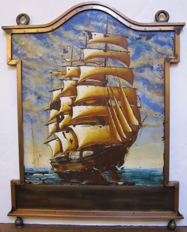 An authentic English pub sign (two-sided) featuring a painting of a sailing ship on the sea with cloudy skies, on copper in a brass frame.<br />
<br />
A fine example of vintage advertising artwork, ready for display.