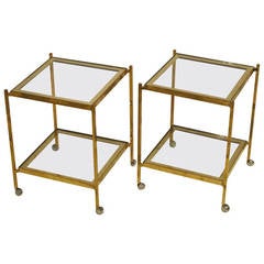 Pair of English Rolling Side Tables of Brass and Glass