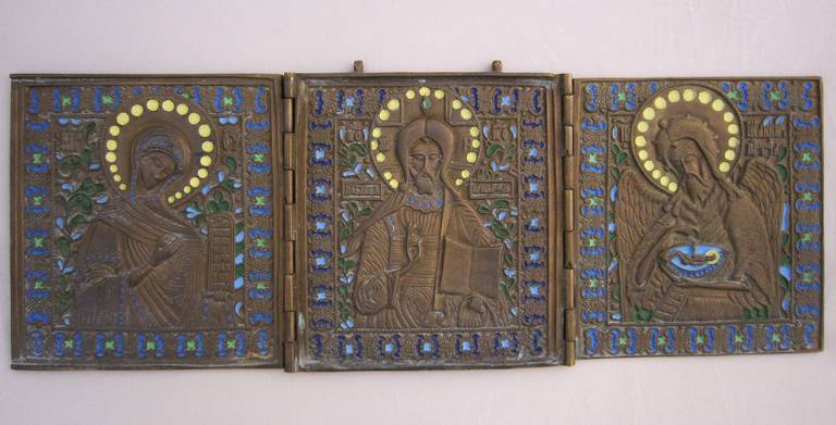 Russian Icon Triptych of Enameled Bronze 2