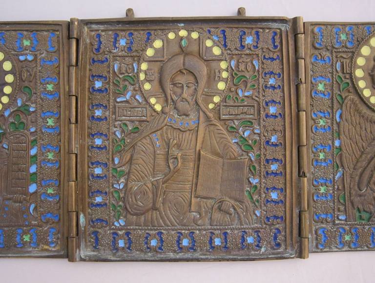 Russian Icon Triptych of Enameled Bronze In Excellent Condition In Austin, TX