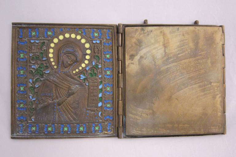 Russian Icon Triptych of Enameled Bronze 4