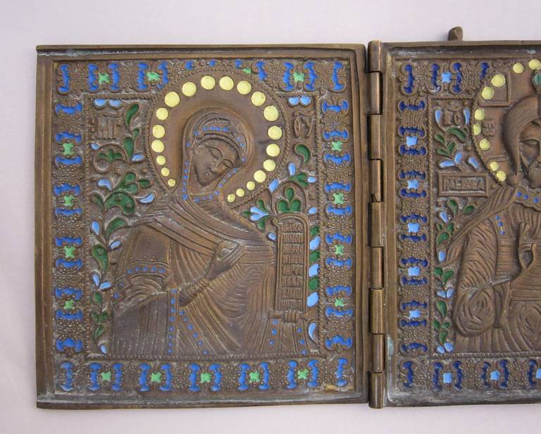 19th Century Russian Icon Triptych of Enameled Bronze