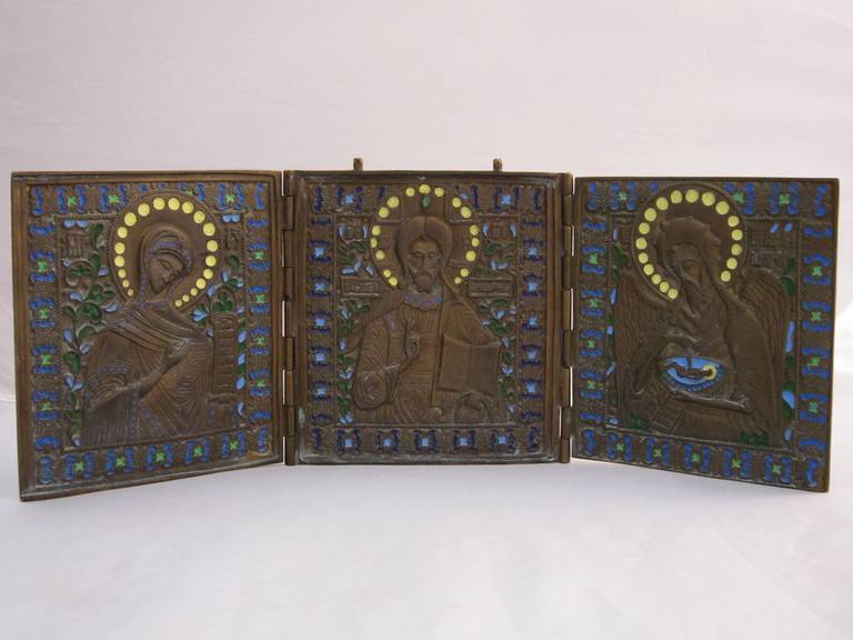 Russian Icon Triptych Of Enameled Bronze At 1stdibs 