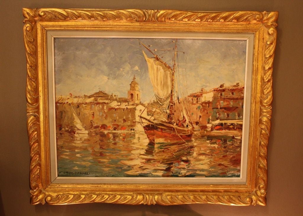 A fine French oil painting on canvas of a harbour scene in Saint-Tropez, mounted to a giltwood frame. Featuring sailboats and port in a handsome impressionistic style.

Signed lower-left corner: Tony Cardella.

Tony Cardella (1898-1976) was a
