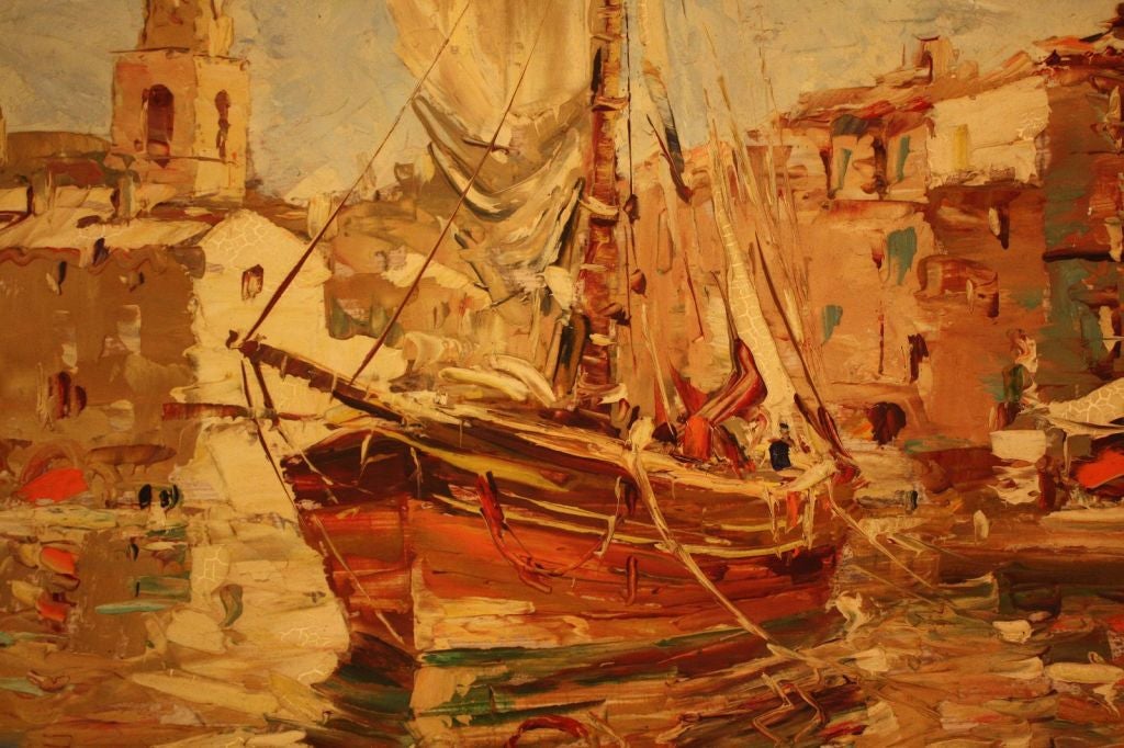 Gilt Framed Oil Painting of Harbour Scene in Saint-Tropez