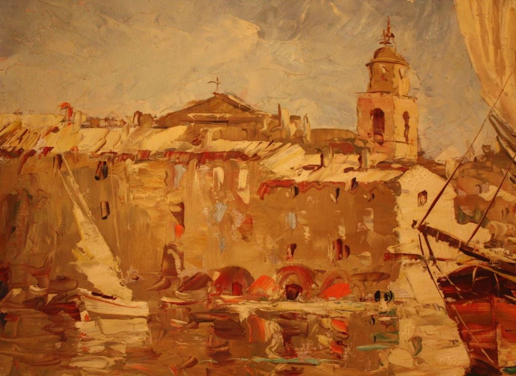 20th Century Framed Oil Painting of Harbour Scene in Saint-Tropez