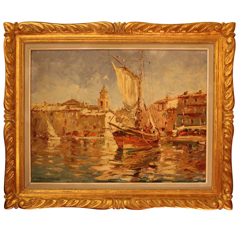Framed Oil Painting of Harbour Scene in Saint-Tropez