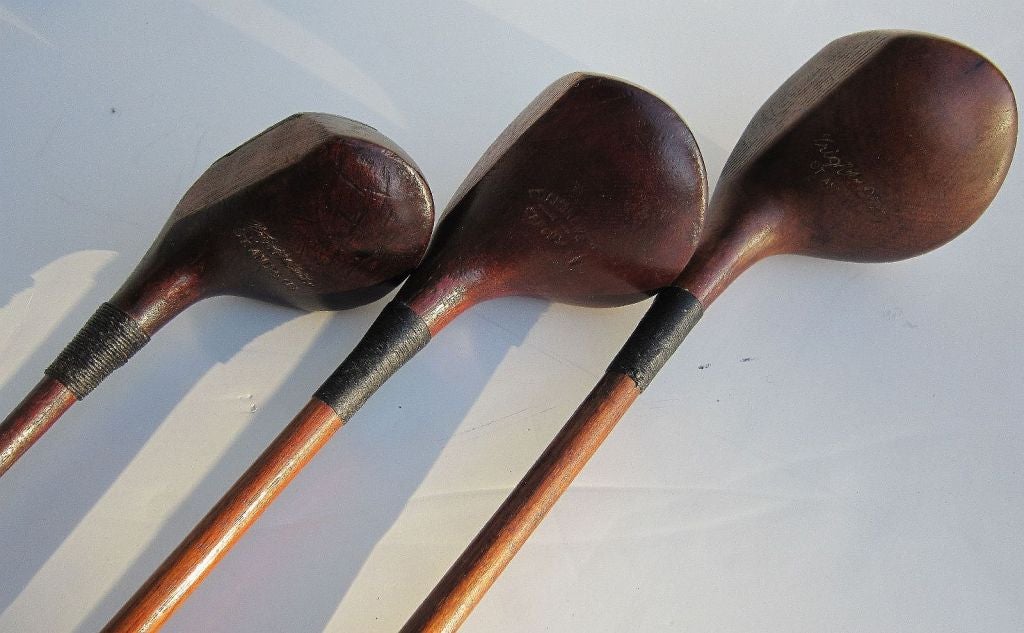A collection of Scottish golf clubs (woods) marked St. Andrews featuring hickory wood shafts and wound leather handles.

Own a piece of golfing history and display on the wall or carry along in your golfing bag.

Each club approximately 45