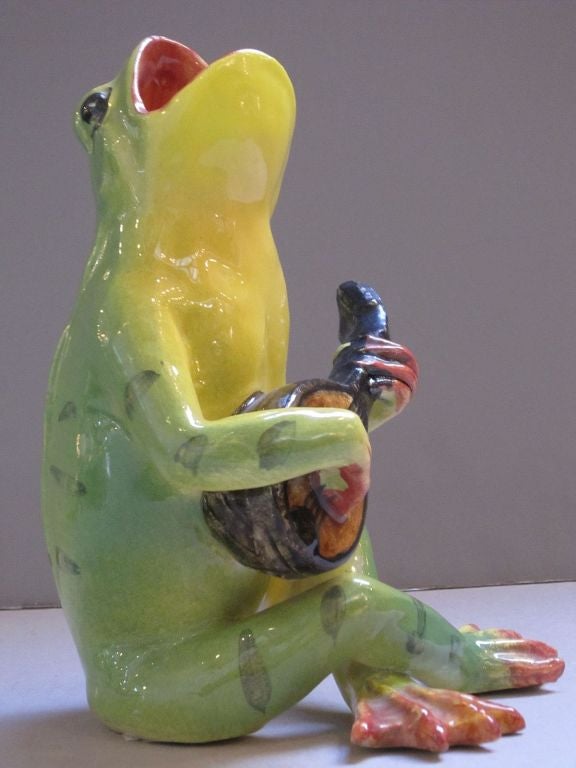 Majolica Singing Frog Playing Guitar by Massier 5