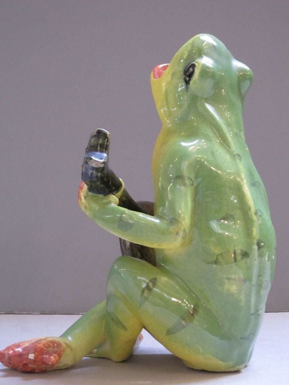 French Majolica Singing Frog Playing Guitar by Massier