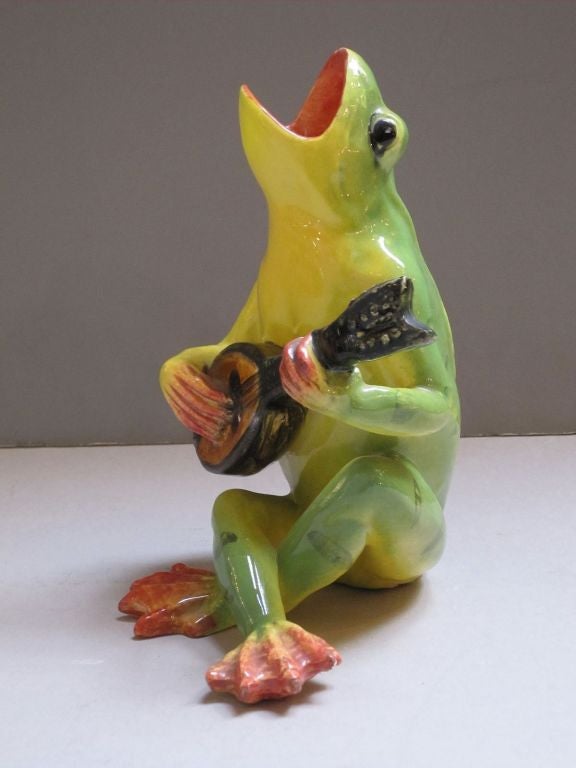 Majolica Singing Frog Playing Guitar by Massier 1